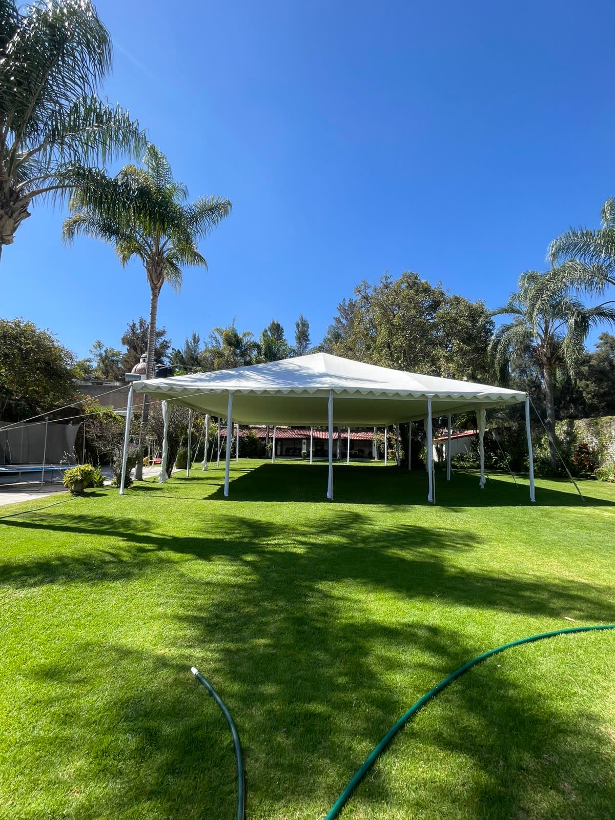 Toldo de gran formato para eventos sociales instalado en jardín