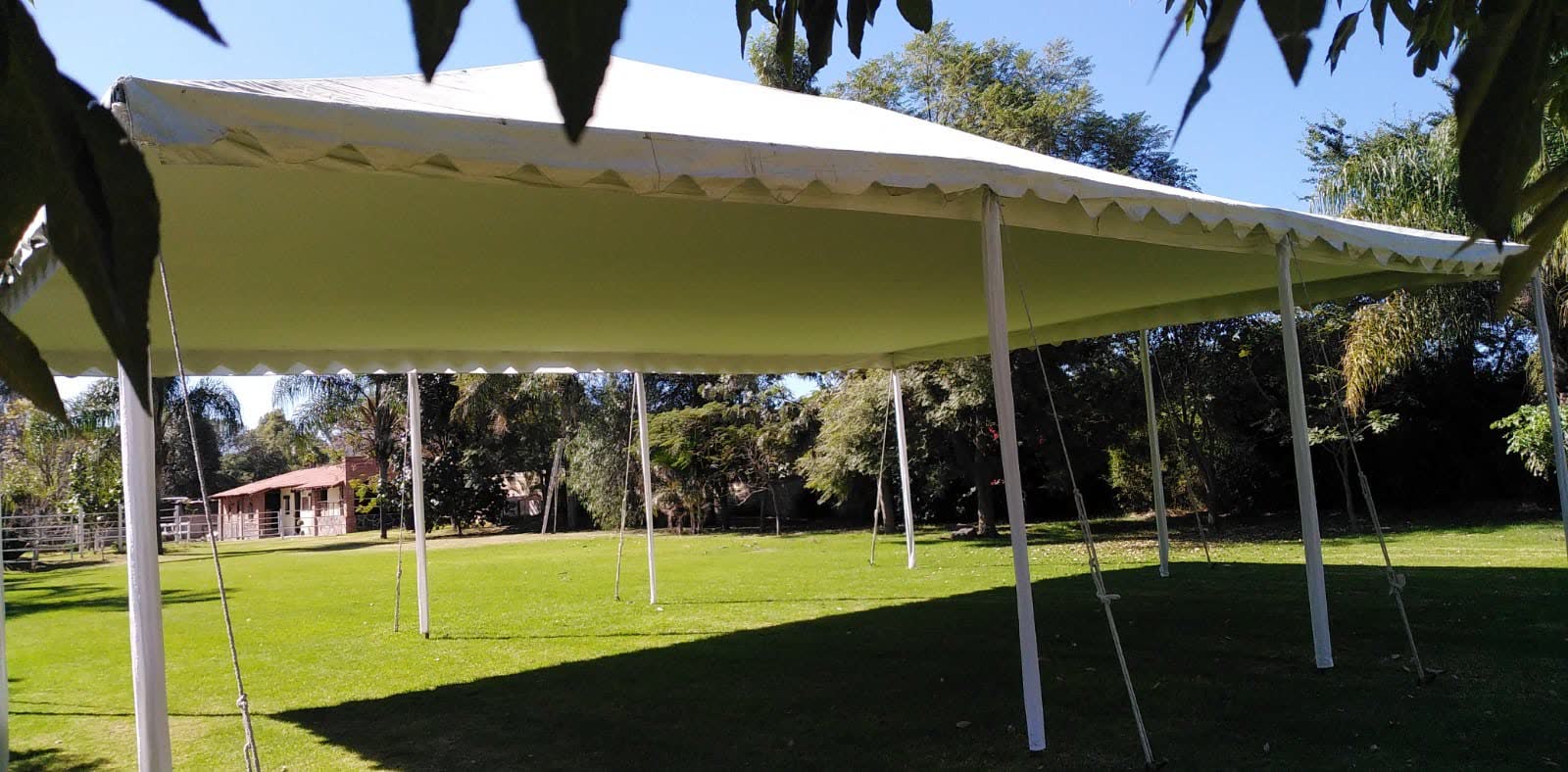 Montaje de toldo sobre césped con estructura reforzada para XV años
